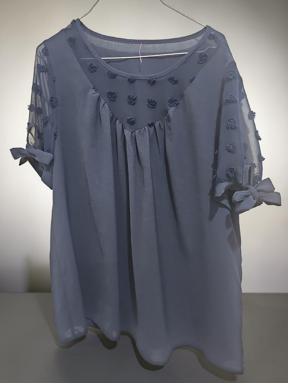 Women's Navy Blue Chiffon Bow-Sleeve Top